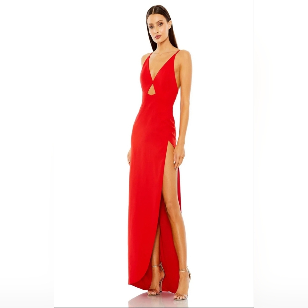 Ieena Mac Duggal 27434‎ Red Cutout High Slit V Neck Formal Gown Maxi Dress 8